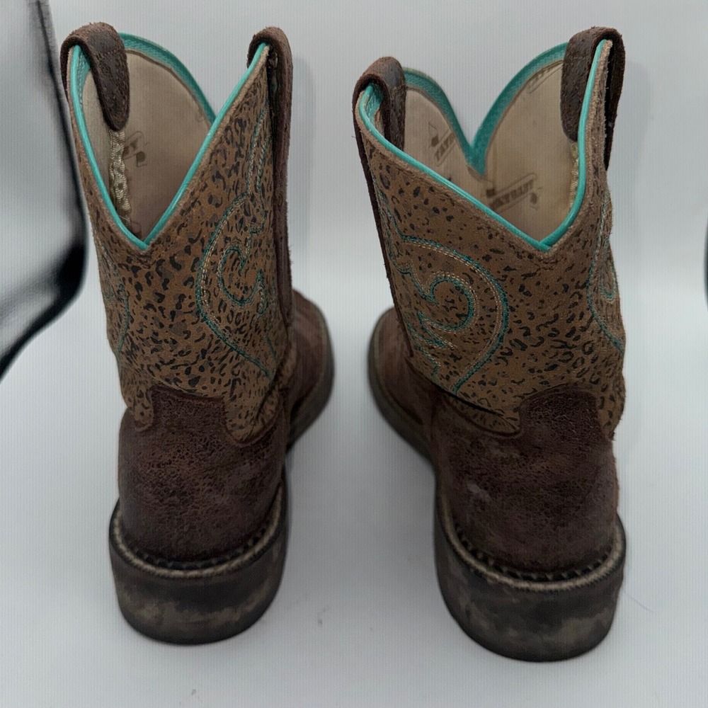 Ariat Fatbaby Brown Leather Leopard Print Western Boots Turquoise Women's 8B - Picture 7 of 11